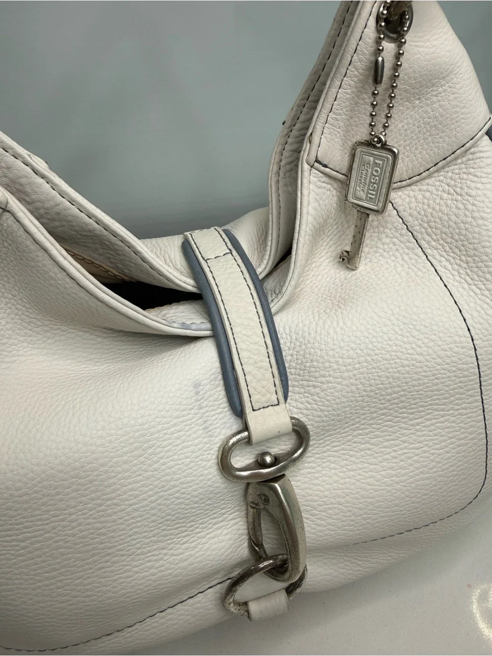 Vintage Fossil White Leather Hobo Shoulder Bag Y2K